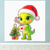**Cute 3D Green Alien in Santa Hat with Hot Chocol Leinwanddruck (Insitu (Holzboden))