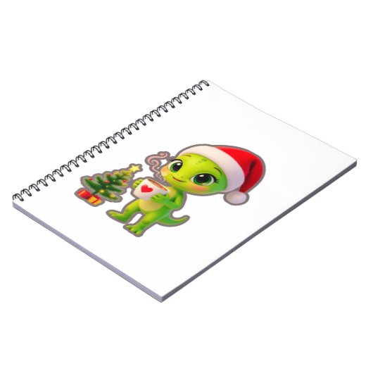 **Cute 3D Green Alien in Santa Hat with Hot Chocol Notizblock (Linke Seite)