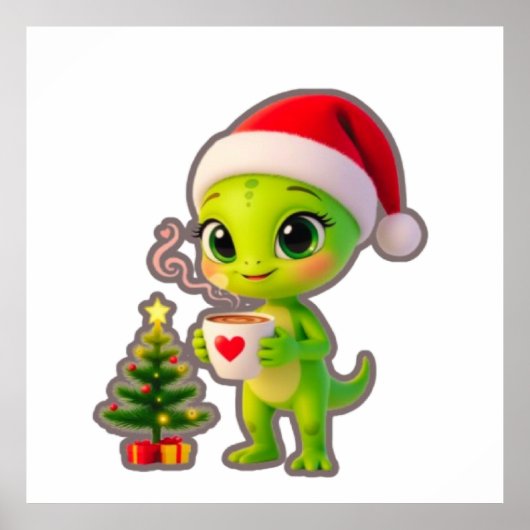 **Cute 3D Green Alien in Santa Hat with Hot Chocol Poster (Vorne)