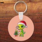 **Cute 3D Green Alien in Santa Hat with Hot Chocol Schlüsselanhänger (Vorderseite)