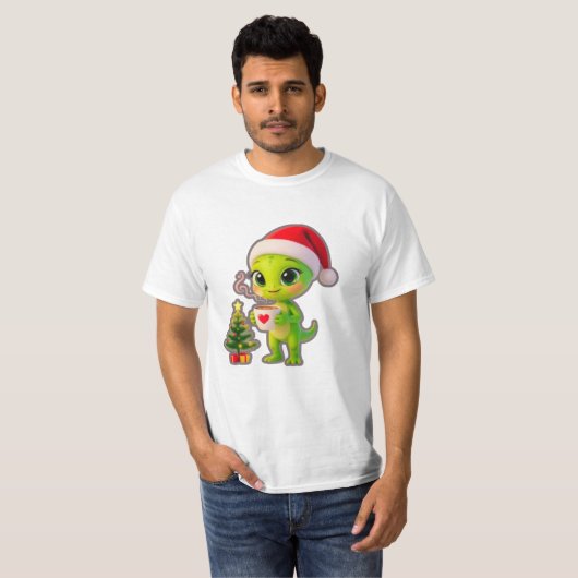 **Cute 3D Green Alien in Santa Hat with Hot Chocol T-Shirt (Vorne ganz)