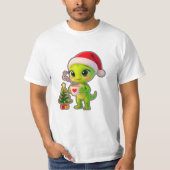**Cute 3D Green Alien in Santa Hat with Hot Chocol T-Shirt (Vorderseite)