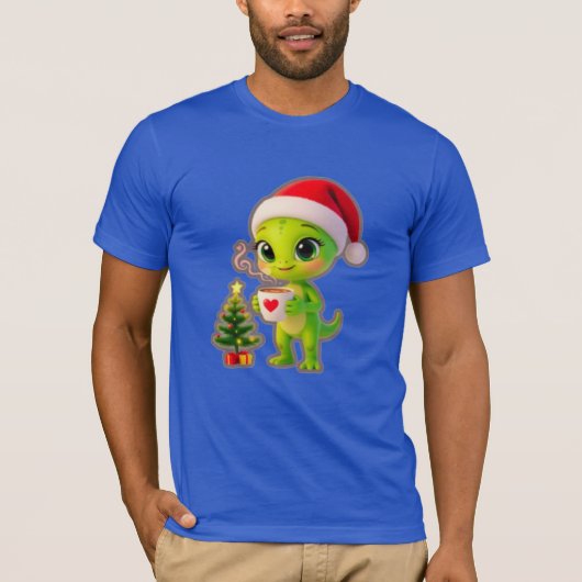 **Cute 3D Green Alien in Santa Hat with Hot Chocol T-Shirt (Vorderseite)
