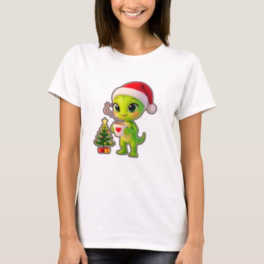 **Cute 3D Green Alien in Santa Hat with Hot Chocol T-Shirt (Vorderseite)