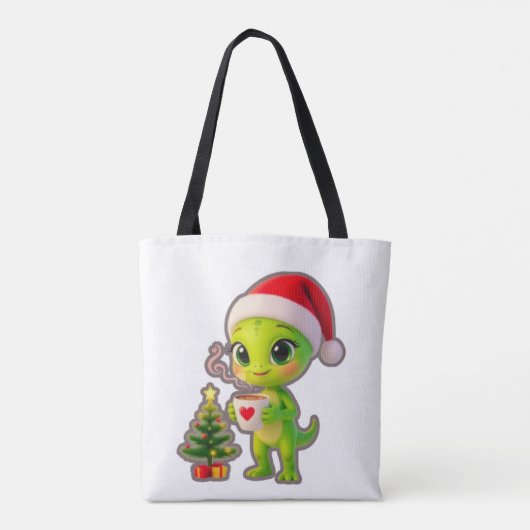 **Cute 3D Green Alien in Santa Hat with Hot Chocol Tasche (Rückseite)