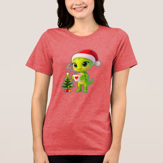 **Cute 3D Green Alien in Santa Hat with Hot Chocol Tri-Blend Shirt (Vorderseite)
