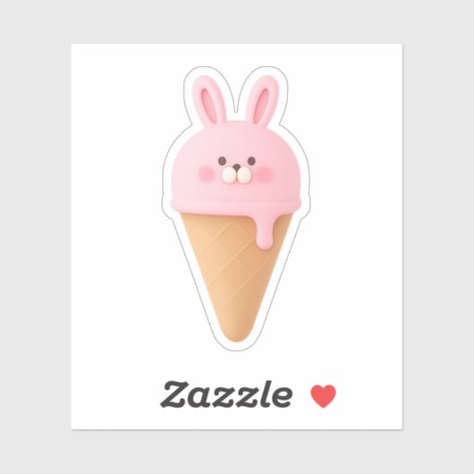 Cute 3D Pink Bunny Ice Cream Cone Sticker (Blatt)