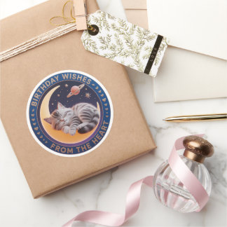 Cute 3D Sleeping Cat on Moon Birthday Wishes Round Runder Aufkleber