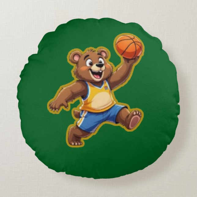 Cute 3D Teddy Bear Playing Basketball – Adorable S Rundes Kissen (Vorderseite)