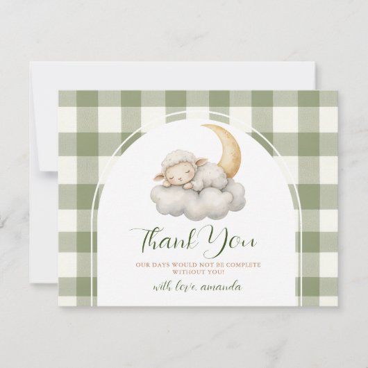 Cute A little lamb baby shower Sage Green Gingham Dankeskarte (Vorderseite)
