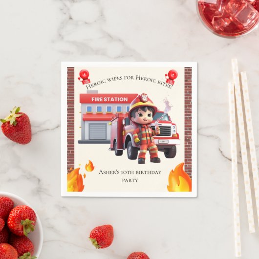 Cute Adorable 3D Firefighter Boy with Fire Truck Serviette (Beispiel)