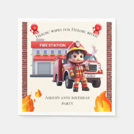 Cute Adorable 3D Firefighter Boy with Fire Truck Serviette