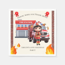 Cute Adorable 3D Firefighter Girl with Fire Truck Serviette