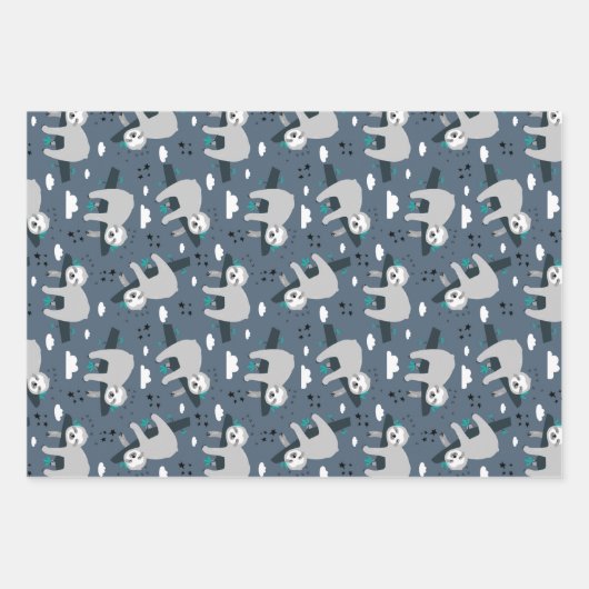 cute adorable gray sloth pattern blue background geschenkpapier set (Vorderseite)