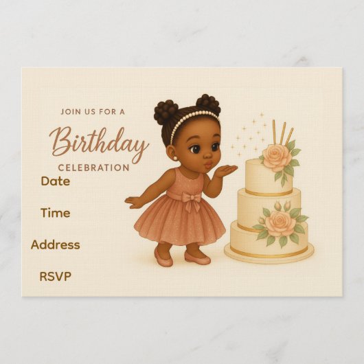 Cute African-American Chibi Girl Birthday Invite Einladung (Vorderseite)