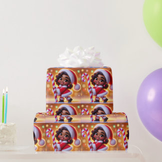 Cute African American Girl in Santa Attire Geschenkpapier