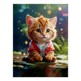 cute AI cat sits at lake / süsse KI Katze sitz Poster