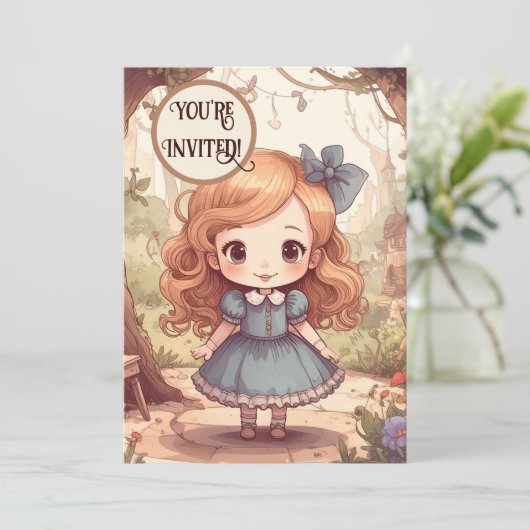Cute Alice in Wonderland Whimsical Woodland Art Einladung (Stehend Vorderseite)