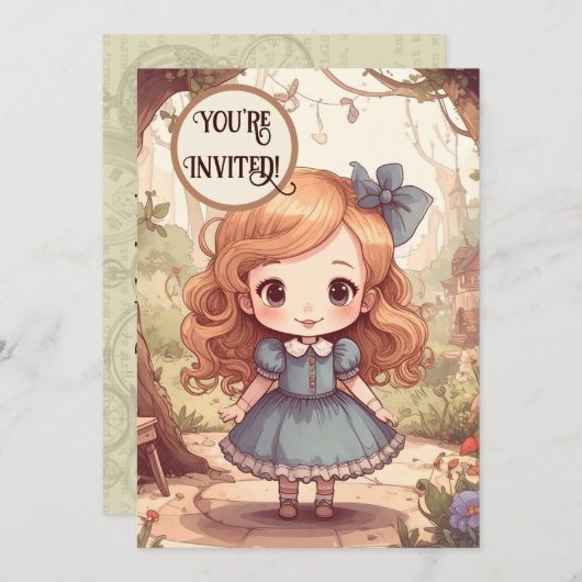 Cute Alice in Wonderland Whimsical Woodland Art Einladung (Vorne/Hinten)