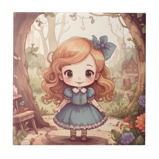 Cute Alice in Wonderland Whimsical Woodland Art Fliese (Vorderseite)