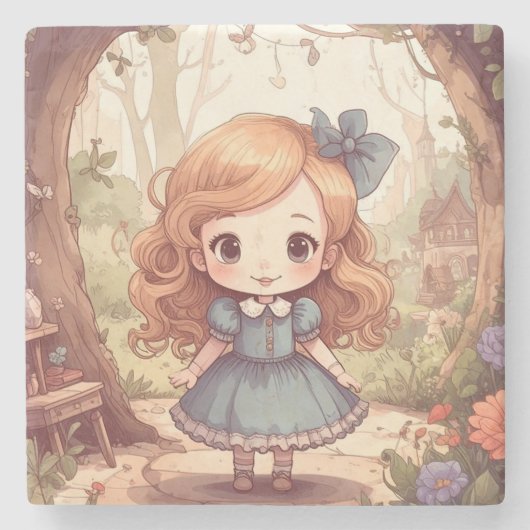 Cute Alice in Wonderland Whimsical Woodland Art Steinuntersetzer (Vorderseite)