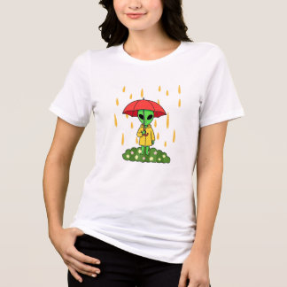 Cute Alien With Umbrella in Rain Kawaii Space Char Tri-Blend Shirt