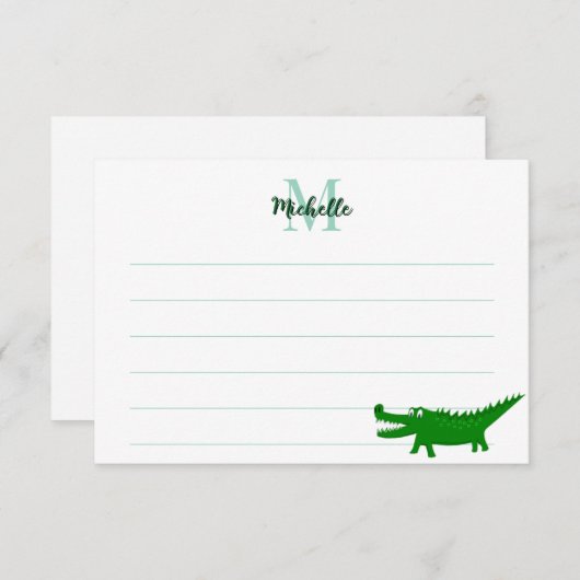  Cute Alligator Drawing Lined Monogram Custom Mitteilungskarte (Vorne/Hinten)