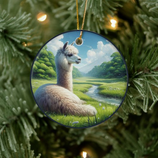 Cute Alpaca in a Meadow Keramik Ornament