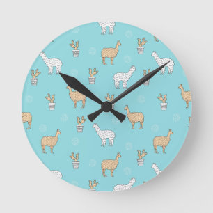 Cute Alpaca Llama Cactus Pattern Runde Wanduhr
