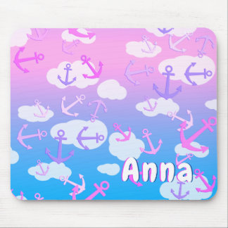 Cute Anchors And Clouds Dreamy Colors Custom Name Mousepad