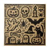 Cute ancient hieroglyph pumpkin and bat Halloween Fliese (Vorderseite)