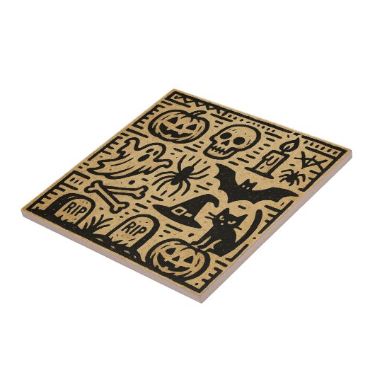 Cute ancient hieroglyph pumpkin and bat Halloween Fliese (Seite)