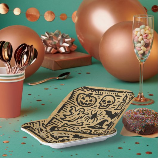 Cute ancient hieroglyph pumpkin and bat Halloween Pappteller (Multi)