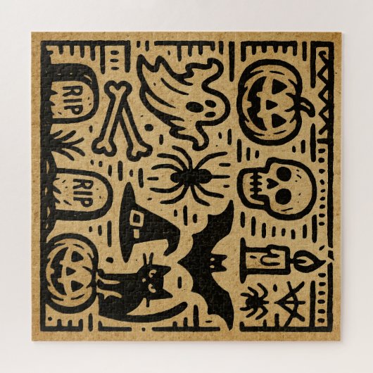 Cute ancient hieroglyph pumpkin and bat Halloween Puzzle (Horizontal)