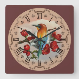 Cute and Colorful Bird on a Branch of Flowers Quadratische Wanduhr