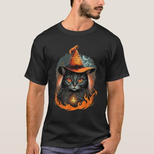 Cute and Creepy Black Cat Wearing a Witch Hat T-Shirt (Vorderseite)