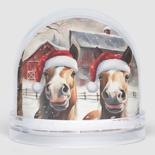 Cute and Funny Horses in Snow Christmas Schneekugeln (Vorderseite)