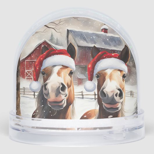 Cute and Funny Horses in Snow Christmas Schneekugeln (Rückseite)