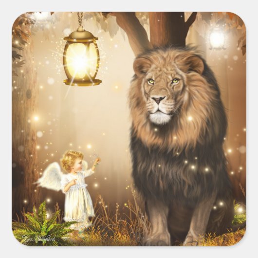Cute Angel und Lion Fantasy Quadratischer Aufkleber (Vorderseite)