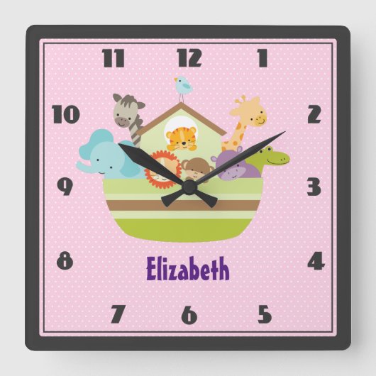 Cute Animal Ark on Pink Polka Dots Nursery Style Quadratische Wanduhr (Vorderseite)
