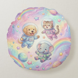 Cute Animal Astronauts Galaxy Round Throw Pillow Rundes Kissen