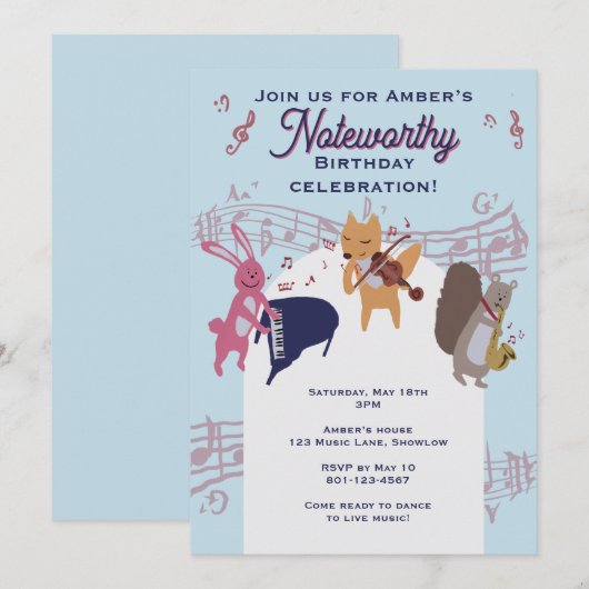 Cute Animal Band Playing Instruments Custom  Einladung (Vorne/Hinten)