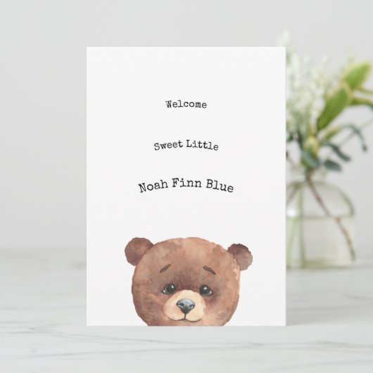 Cute Animal Brown Bear Sweet Baby Announcement Einladung (Stehend Vorderseite)