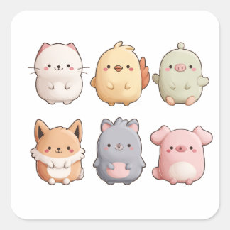 Cute Animal Wall Clock – Adorable Cartoon Animal W Quadratischer Aufkleber