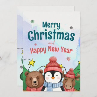 Cute Animal Watercolor Christmas Blue color Feiertagskarte