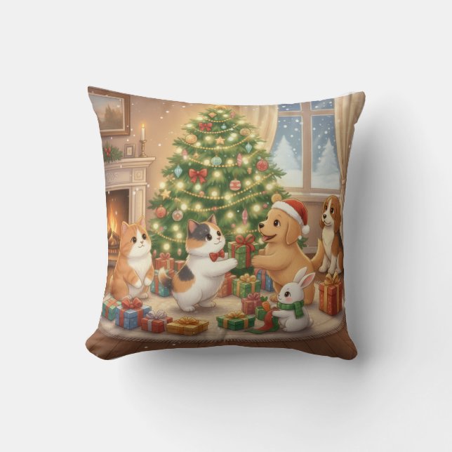 Cute Animals Christmas Pattern Exchanging Gifts  Kissen (Vorderseite)