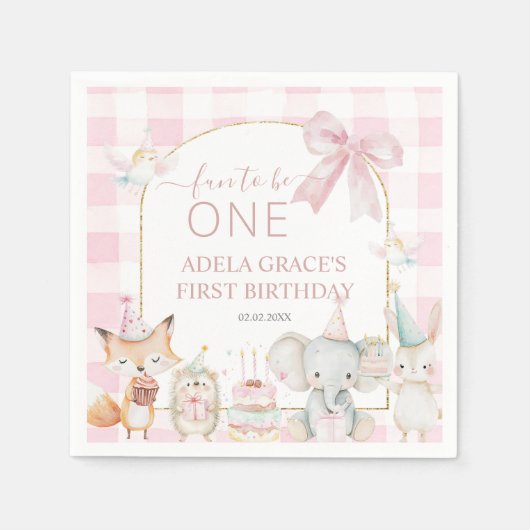Cute Animals Fun To Be One 1st Birthday Pink Arch Serviette (Vorderseite)