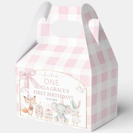 Cute Animals Fun To Be One 1st Birthday Pink Gable Geschenkschachtel (Rückseite)