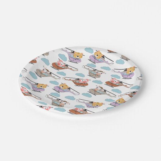 Cute Animals In Helicopter Pattern Pappteller (Schrägansicht)