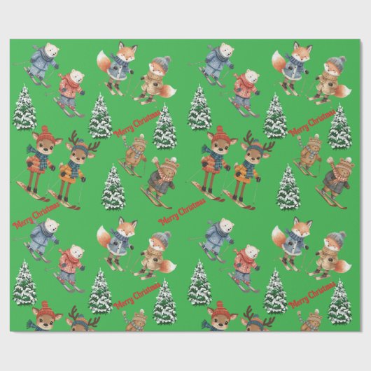 Cute Animals Skiing Wrapping Paper Geschenkpapier (Flach)